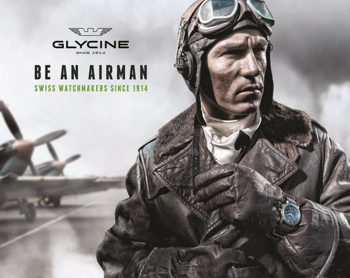 plakat "Glycine - be an airman" z lotnikiem i zegarkiem Glycine
