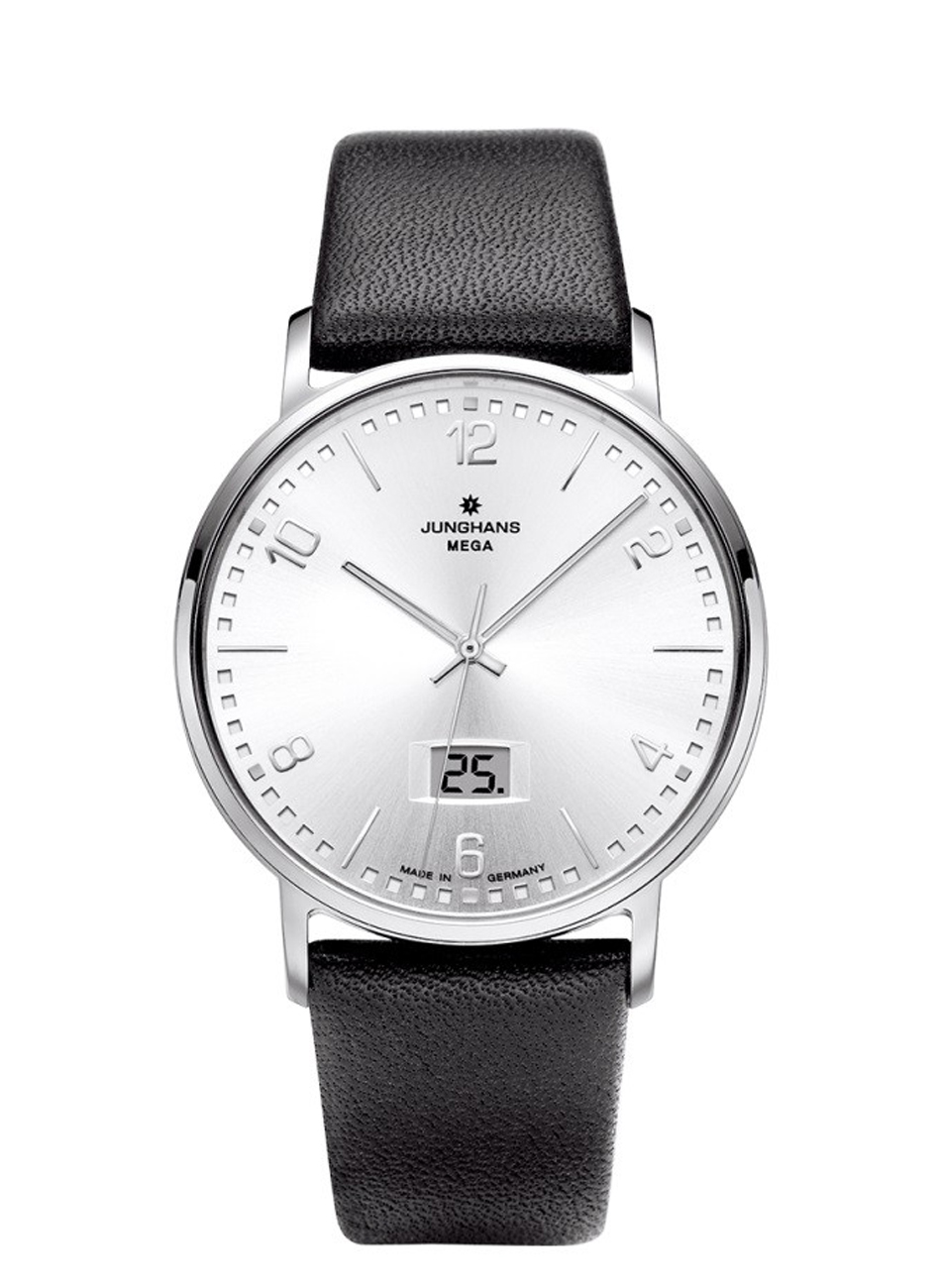Zegarek Junghans MEGA Milano, biała tarcza, czarny, skórzany pasek