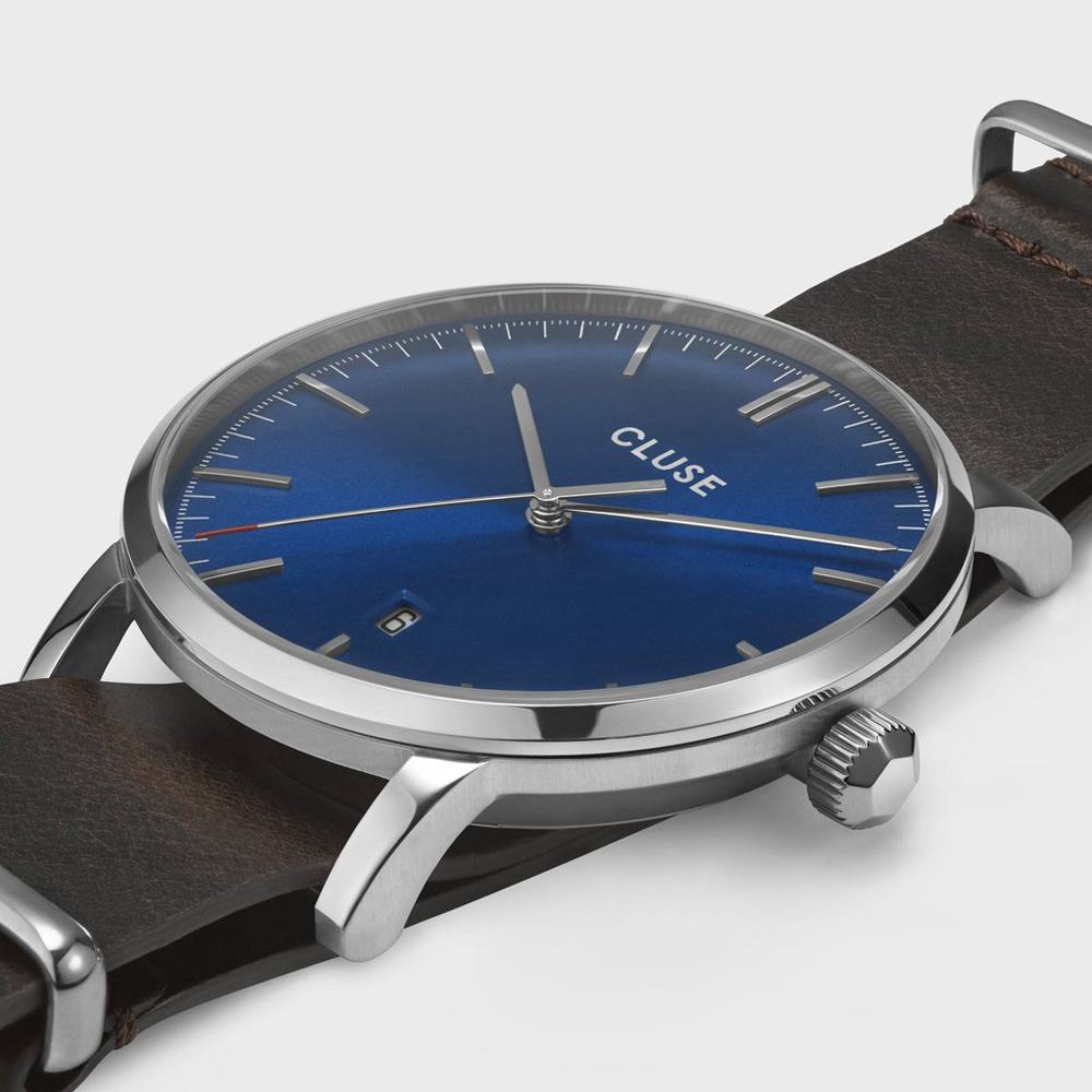 CLUSE Aravis NATO Leather Silver Dark Blue/Dark Brown CW0101501008 - obrazek 2