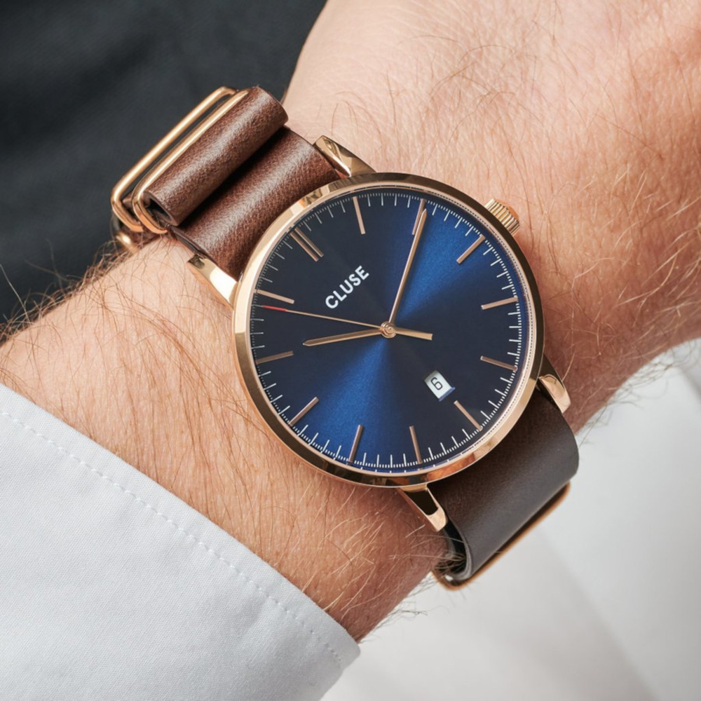 CLUSE Aravis NATO Leather Rose Gold Dark Blue/Dark Brown CW0101501009 - obrazek 3