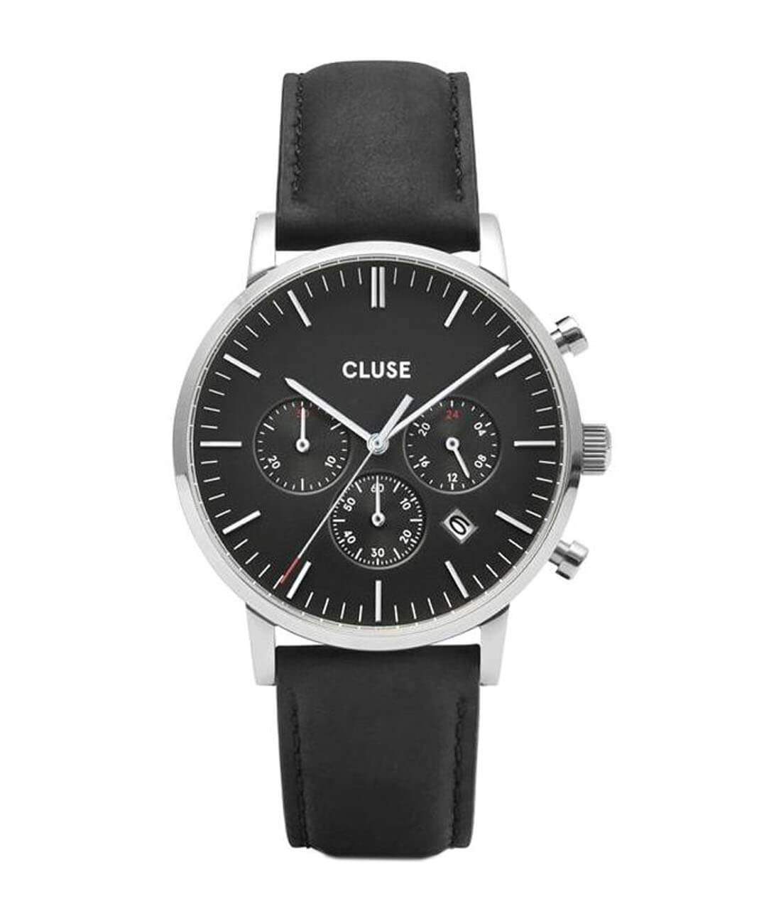 CLUSE Aravis Chrono Leather Silver Black/Black CW0101502001