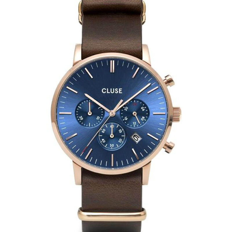 CLUSE Aravis Chrono Nato Leather Rose Gold Dark Blue/Dark Brown CW0101502008