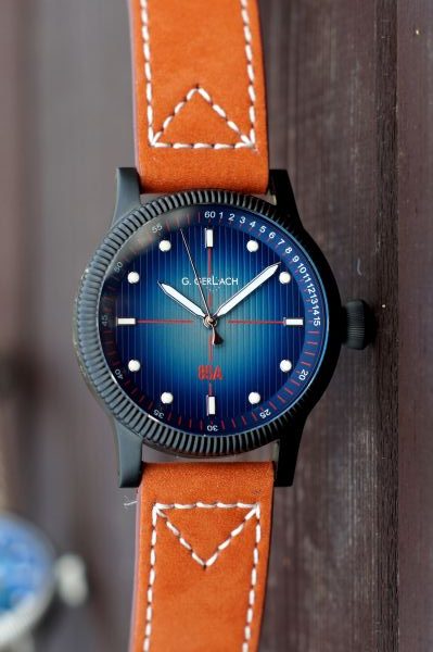 Zegarek G.Gerlach ORP Orzeł, niebieska tarcza i koperta, brązowy skórzany pasek