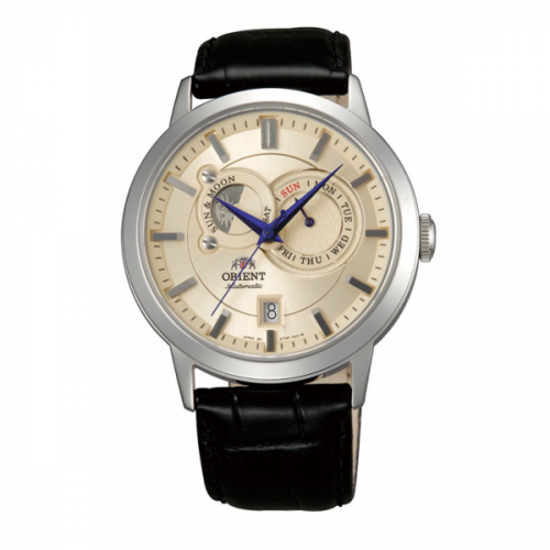 Zegarek Orient, kremowa tarcza, wskaźnik fazy księżyca, wskaźnik dni tygodnia i datownik, czarny skórzany pasek