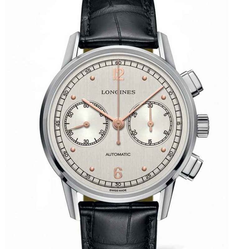 Zegarek Longines Heritage Chronograph, biała tarcza ze stoperem, wskazówki w kolorze różowego złota, czarny skórzany pasek