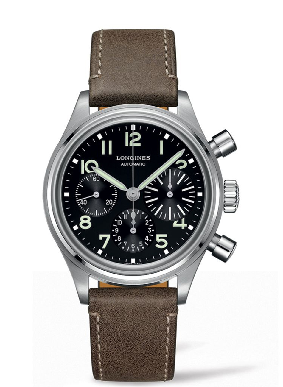 Zegarek Longines Avigation BigEye, czarna tarcza ze stoperem, stalowa koperta, jasno-brązowy, skórzany pasek z kremowymi przeszyciami