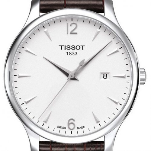 Zegarek Tissot T-Classic Tradition biała tarcza, datownik, brązowy pasek