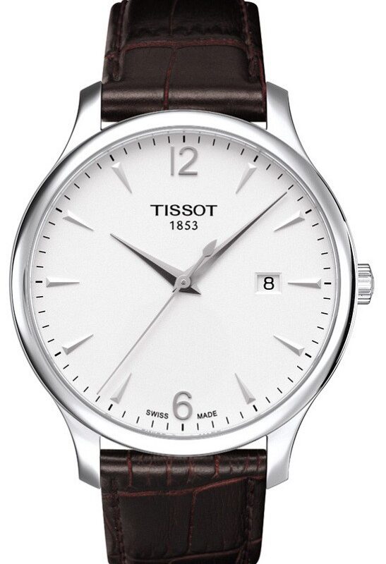 Zegarek Tissot T-Classic Tradition biała tarcza, datownik, brązowy pasek