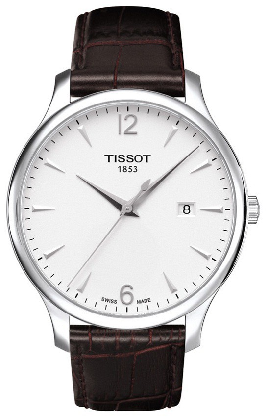 Zegarek Tissot T-Classic Tradition biała tarcza, datownik, brązowy pasek