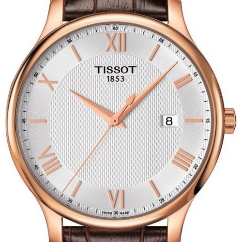 Zegarek Tissot T-Classic Tradition, biała tarcza, różowo-złoty kolor, brązowy pasek