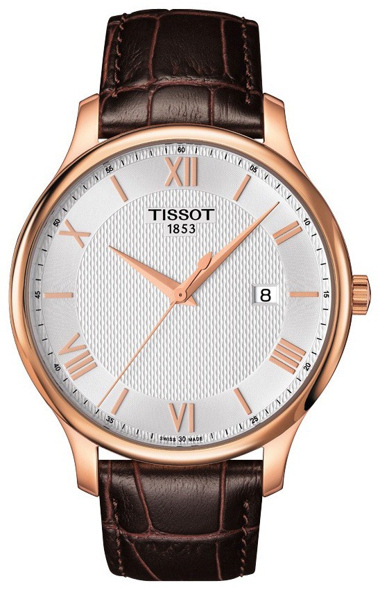 Zegarek Tissot T-Classic Tradition, biała tarcza, różowo-złoty kolor, brązowy pasek