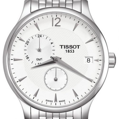 Zegarek Tissot T-Classic Tradition biała tarcza, wskazanie GMT, bransoleta