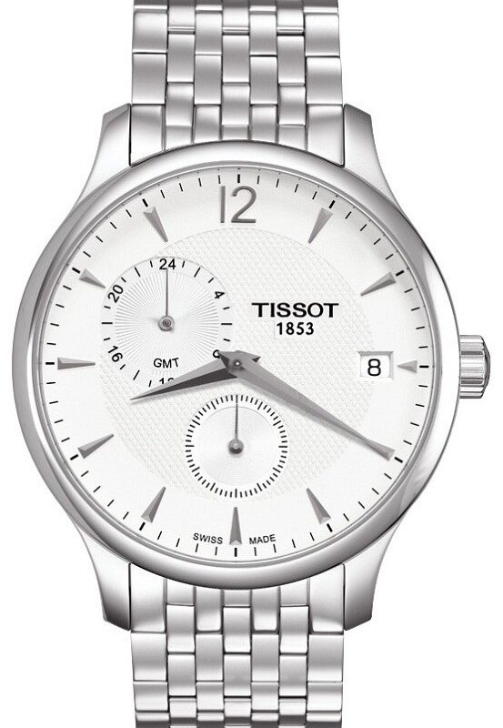 Zegarek Tissot T-Classic Tradition biała tarcza, wskazanie GMT, bransoleta