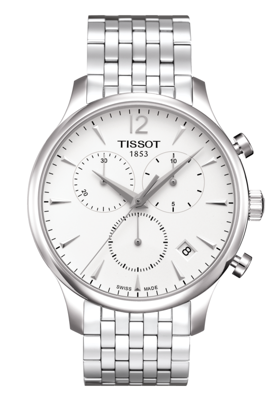 Zegarek Tissot T-Classic Tradition, biała tarcza, ze stoperem, bransoleta