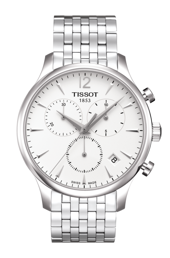 Zegarek Tissot T-Classic Tradition, biała tarcza, ze stoperem, bransoleta