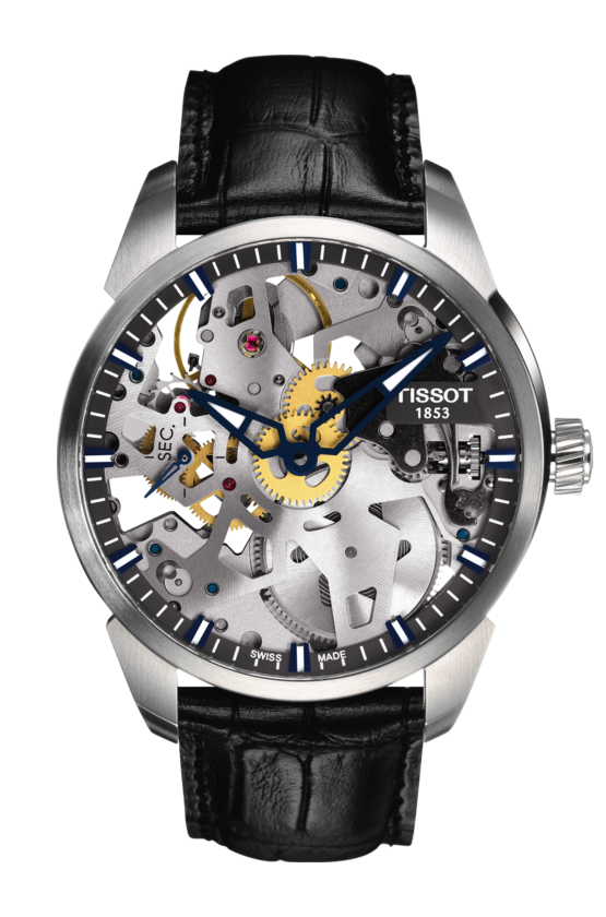 Zegarek Tissot T-Classic T-Complication Squelette, skeleton, niebieskie wskazówki