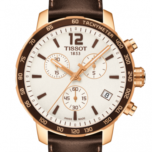 Zegarek Tissot T-Sport Quickster biała tarcza, kolor żółtego złota, stoper, datownik