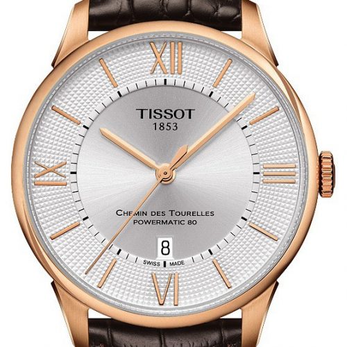 Zegarek Tissot T-Classic Chemin des Tourelles, biała tarcza, różowo-złoty, brązowy pasek