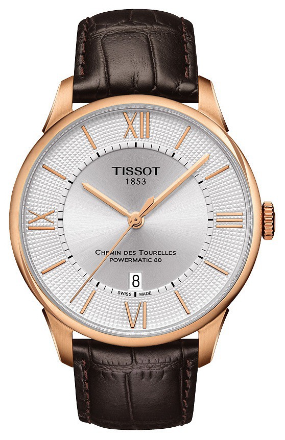 Zegarek Tissot T-Classic Chemin des Tourelles, biała tarcza, różowo-złoty, brązowy pasek