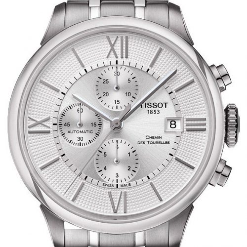 Zegarek Tissot T-Classic Chemin des Tourelles biały, ze stoperem, automatyczny, na bransolecie