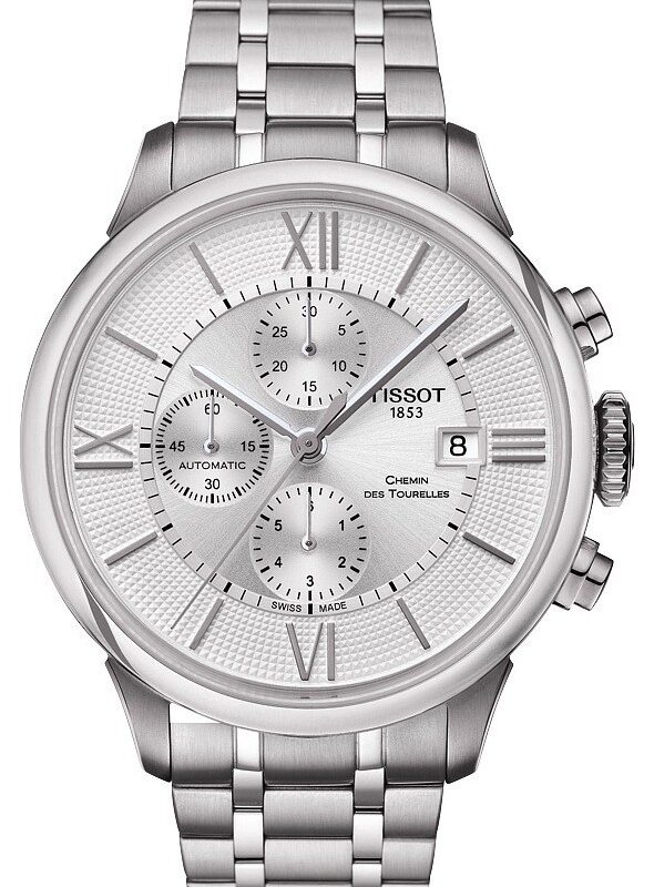 Zegarek Tissot T-Classic Chemin des Tourelles biały, ze stoperem, automatyczny, na bransolecie