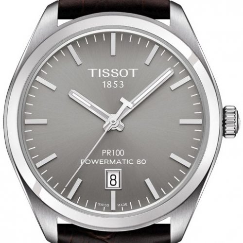 Zegarek Tissot T-Classic PR 100, szara tarcza, automatyczny, brązowy pasek