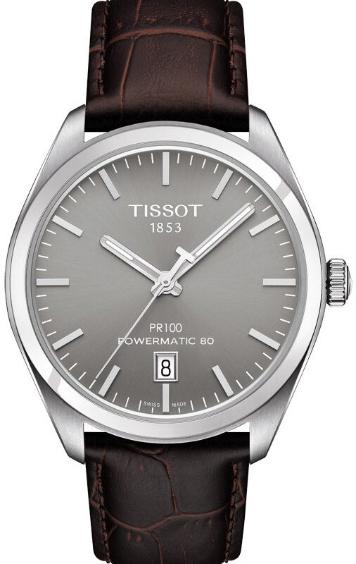 Zegarek Tissot T-Classic PR 100, szara tarcza, automatyczny, brązowy pasek