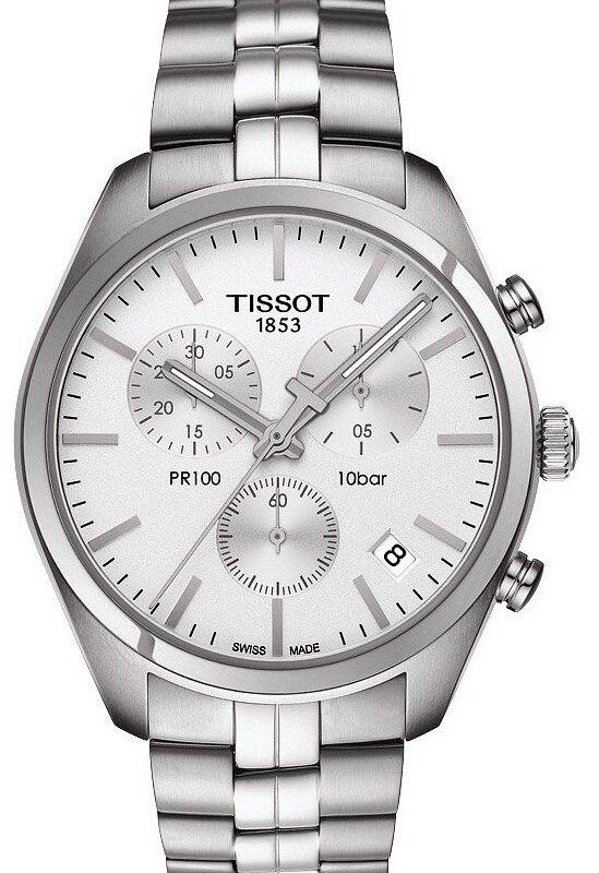Zegarek Tissot T-Classic PR100, biała tarcza, bransoleta, stoper