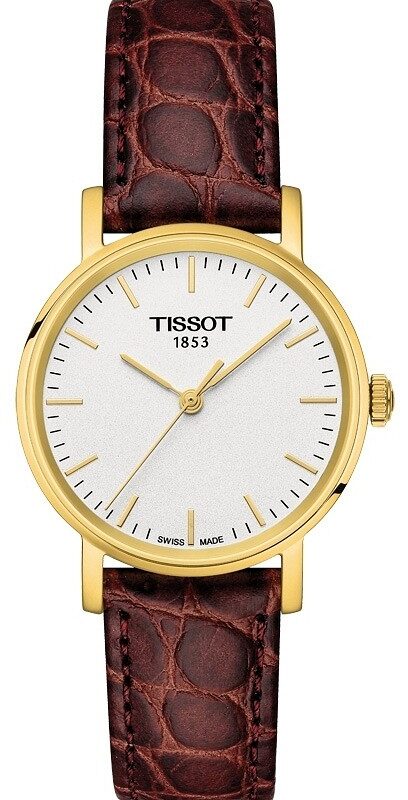 Zegarek Tissot T-Classic Everytime damski, biała tarcza, złoty z brązowym paskiem