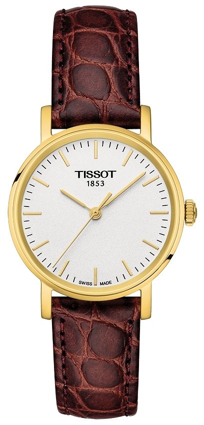 Zegarek Tissot T-Classic Everytime damski, biała tarcza, złoty z brązowym paskiem