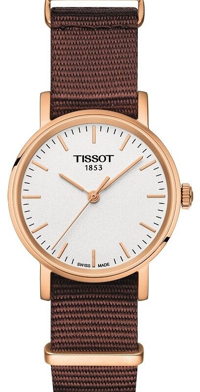 Zegarek Tissot T-Classic Everytime biała tarcza, różowo-złoty, brązowy tekstylny pasek