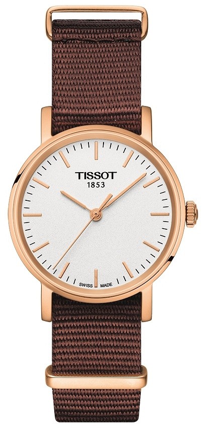 Zegarek Tissot T-Classic Everytime biała tarcza, różowo-złoty, brązowy tekstylny pasek