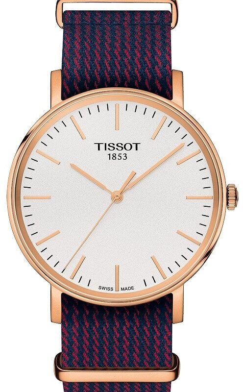 Zegarek Tissot T-Classic Everytime biała tarcza, różowo-złoty, niebiesko-czerwony, tekstylny pasek
