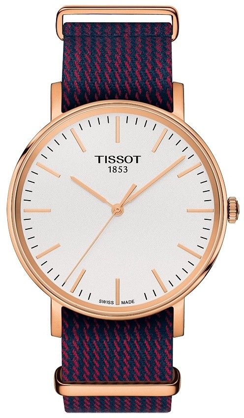 Zegarek Tissot T-Classic Everytime biała tarcza, różowo-złoty, niebiesko-czerwony, tekstylny pasek