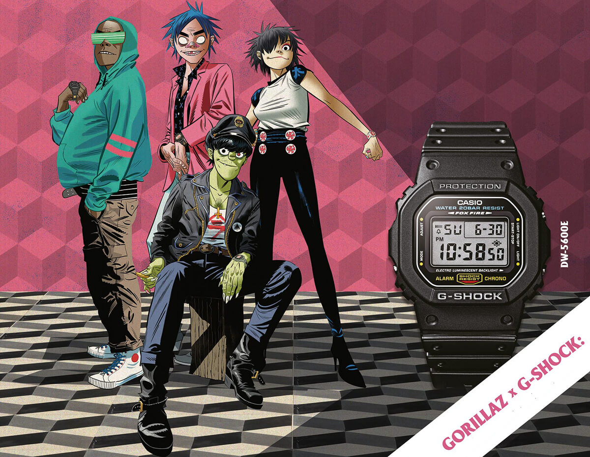 Plakat reklamujący zegarki G-SHOCK powstające we współpracy z GORILLAZ