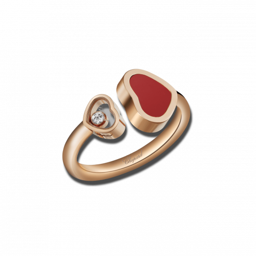 Pierścionek Chopard Happy Hearts, dwa serca, czerwona masa, pojedynczy diament, różowe złoto 18k